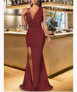 Women's Sexy Long Sleeve Sparkly Maxi Dress V Neck High Slit Wrap Formal Gown Co